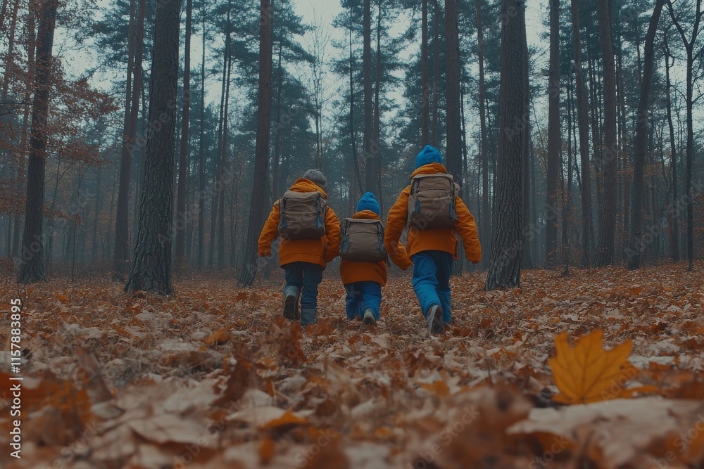 A group of young children scampering along a path in the autumn forest A group of young children scampering along a path in the autumn forest