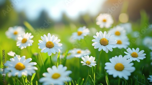 Bright Daisies in Sunlit Green Meadow
