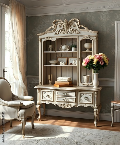 Shabby Chic Lace Distressed Cabinet & Chair