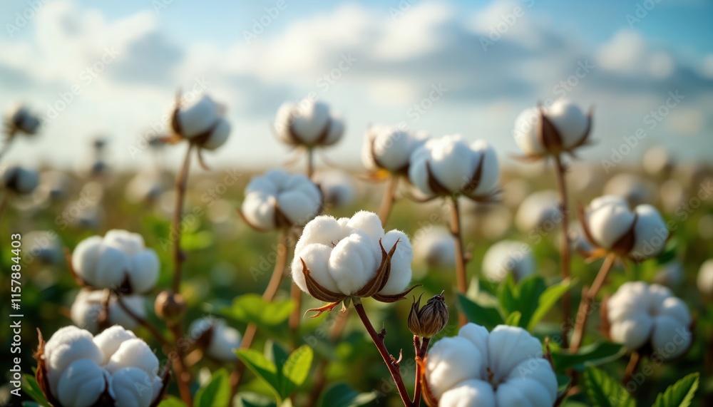 Fototapeta premium Blossoming white cotton plants in field. Soft white cotton bolls visible on stems. Natural light shines on plants. Eco-friendly agriculture noticeable. Beautiful view of blossoming organic cotton.