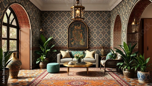 Vibrant Moroccan-Inspired Living Room with Arched Stained Glass Windows