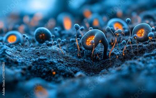 Abstract Glowing Fungi in Dark Blue Microcosm - Detailed Microscopic View of Bioluminescent Organisms photo