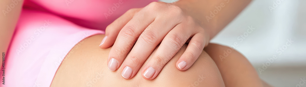 close up of hand resting on knee, showcasing gentle and care. soft skin tone and manicured nails highlight soothing atmosphere close up of hand resting on knee, showcasing gentle and care. soft skin tone and manicured nails highlight soothing atmosphere