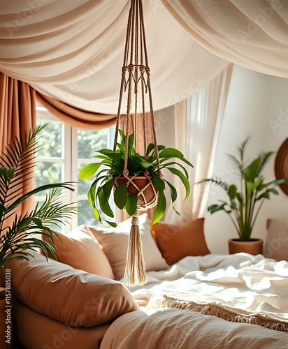 Boho Luxe Living Room with Macrame Plant