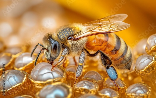 Honeybee in a Golden Honeycomb: A Stunning Macro Shot of a Busy Pollinator photo