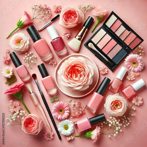 Happy woman's day concept. Makeup products, nail polish and flowers on pink background. 