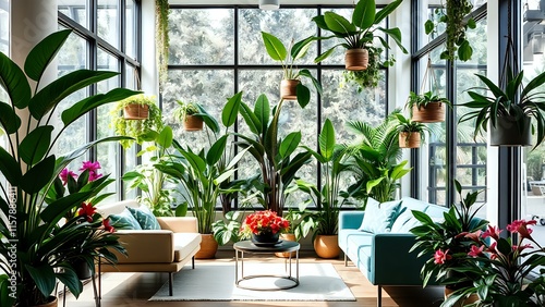 Vibrant Biophilic Living Room with Tropical Plants