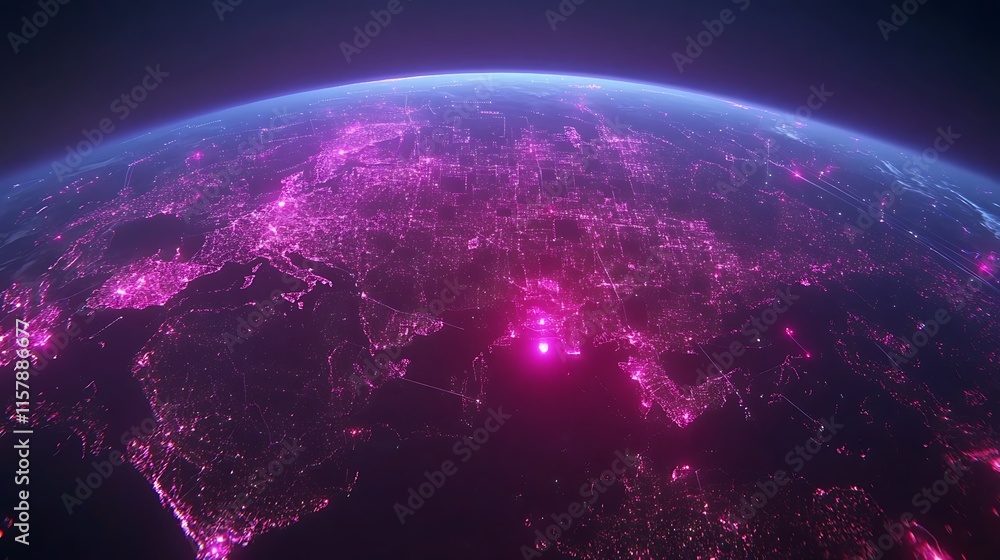 Obraz premium Stunning Futuristic Digital Illustration: Globally Connected Earth at Night. AI Generated