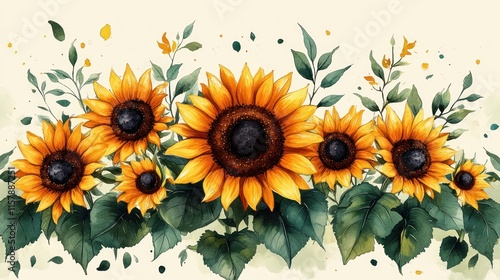 Wallpaper Mural A vibrant watercolor illustration of sunflowers surrounded by green leaves. Torontodigital.ca