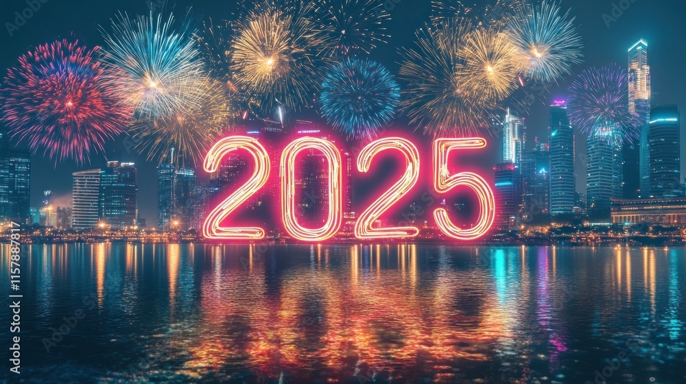 Glowing 2025 over city skyline with fireworks. Glowing 2025 over city skyline with fireworks.