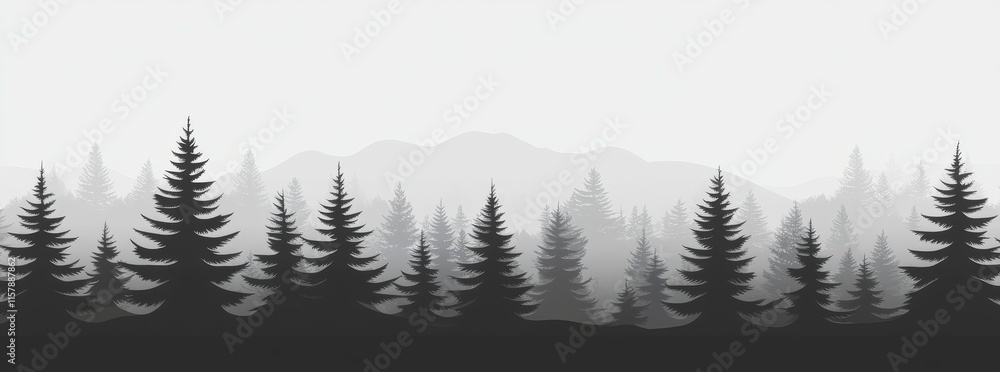 Fototapeta premium Evergreen coniferous forest silhouette. Pine trees and spruce tree park view in modern illustration style. Coniferous woods silhouette