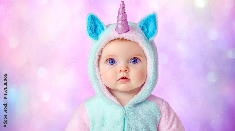 Fototapeta premium Adorable baby wearing unicorn costume on colorful background