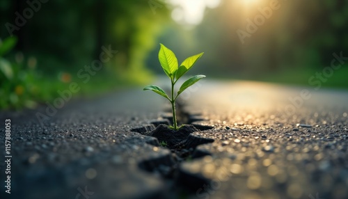 Small sapling sprouts through asphalt crack. Nature resilience breaks urban surface. New life emerges from urban environment. Hopeful image of renewal in city. Green plant defies concrete. Symbol of