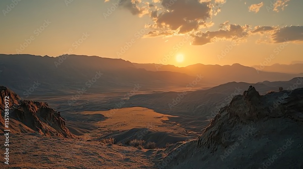 Majestic Sunset Landscape Photo: Golden Hour Paints Dramatic Mountain Valley. AI Generated