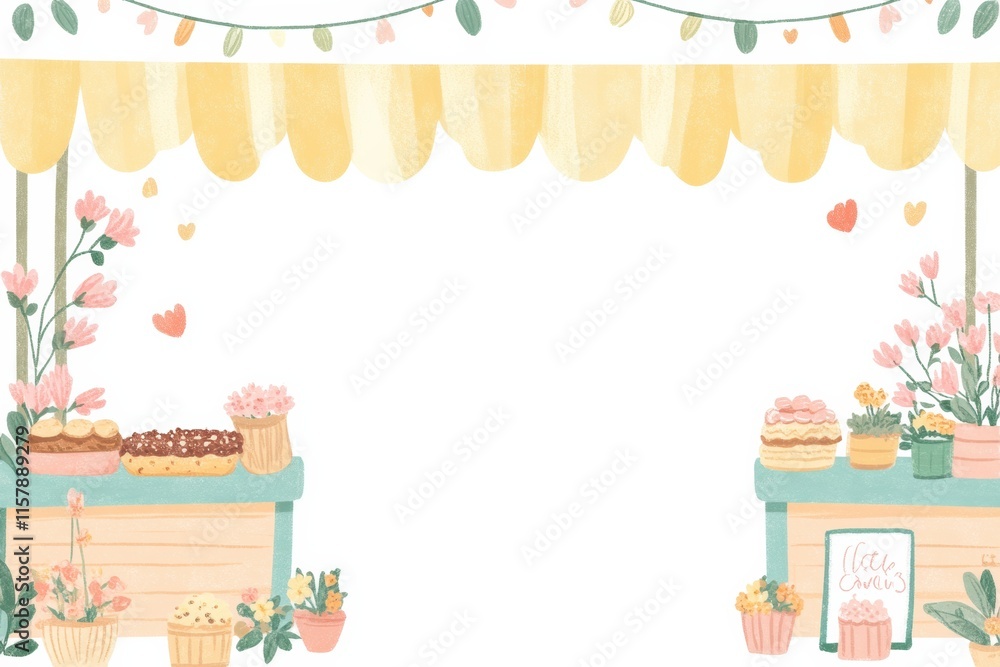 Fototapeta premium Charming spring market stalls with flowers and baked goods ideal for mockup and copy space creation. Generative AI