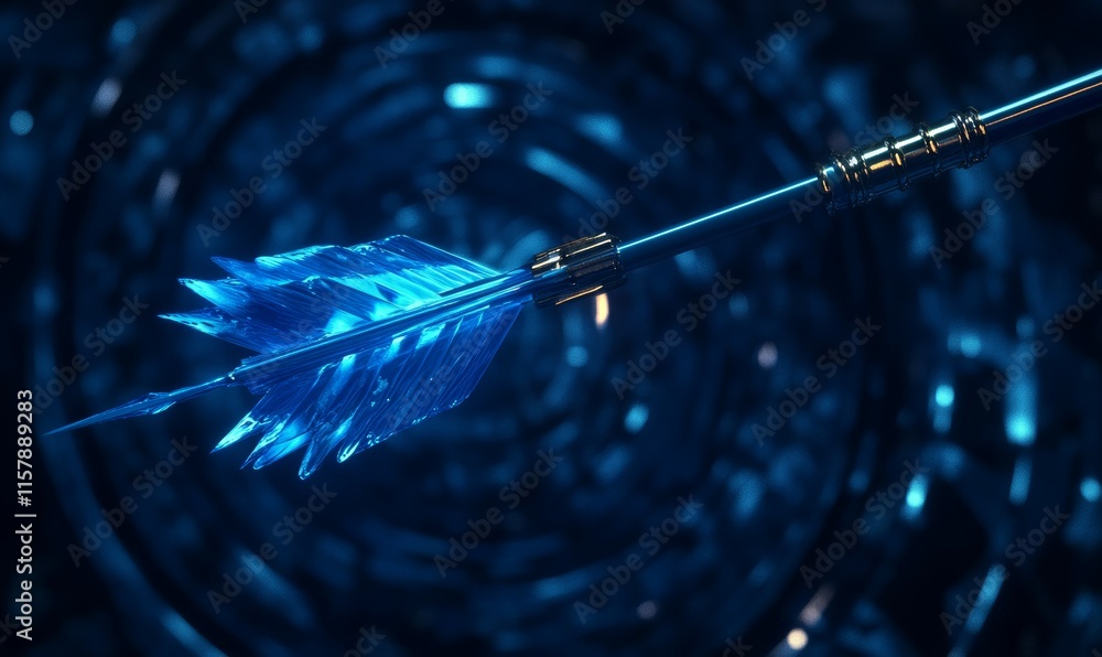 An arrow with blue darts is aimed at the center of the shooting target. Business targeting concept on dark blue background. An arrow with blue darts is aimed at the center of the shooting target. Business targeting concept on dark blue background.