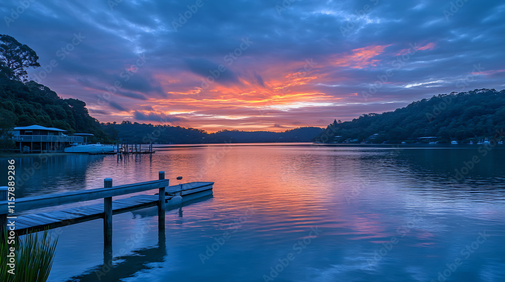 Fototapeta premium Stunning Wide Shot Photo: Vibrant Sunset Colors Reflecting on Calm Coastal Waters. AI Generated