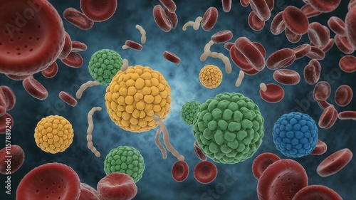 Illustration of the immune response in the bloodstream featuring red and white blood cells among antibodies represented as yellow, green, and blue spheres on a dark blue background