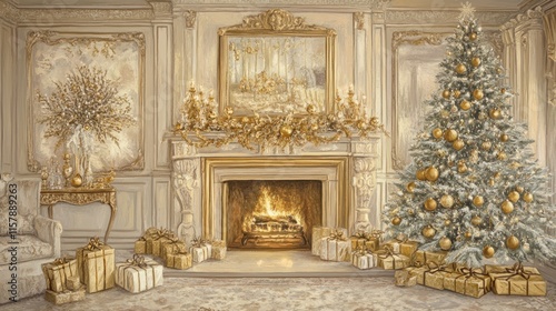 Wallpaper Mural Elegant Christmas fireplace and tree in gold and cream. Torontodigital.ca