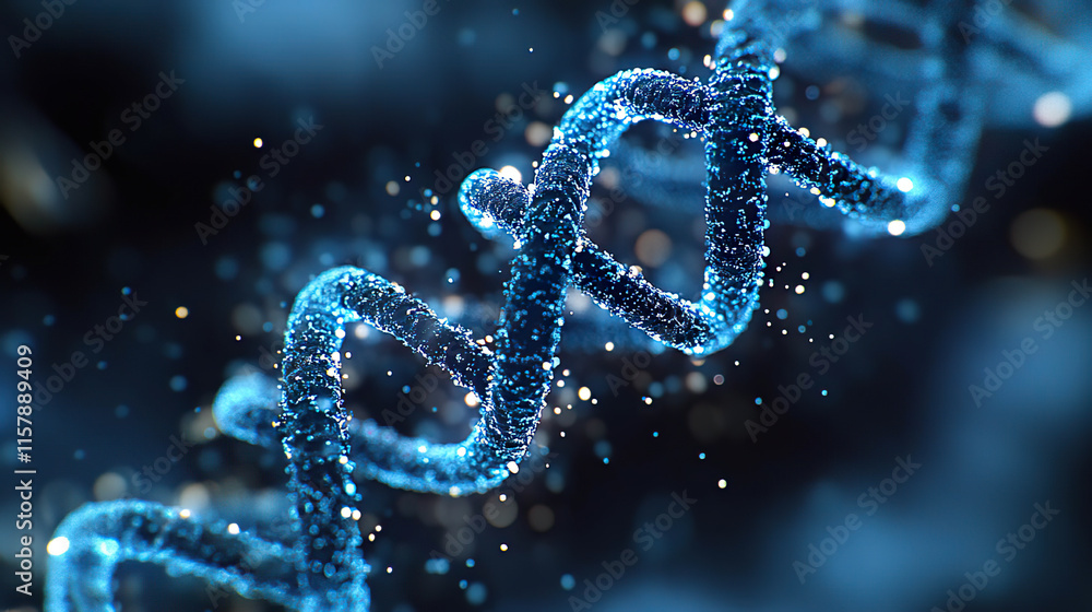 Luminous DNA strand on dark background, highlighting molecular details and biotechnology. Generated with AI. Luminous DNA strand on dark background, highlighting molecular details and biotechnology. Generated with AI.