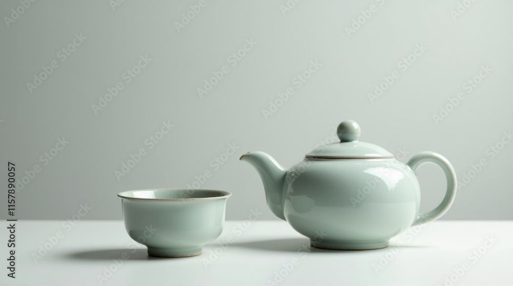 single Chinese teacup and teapot on a plain background single Chinese teacup and teapot on a plain background
