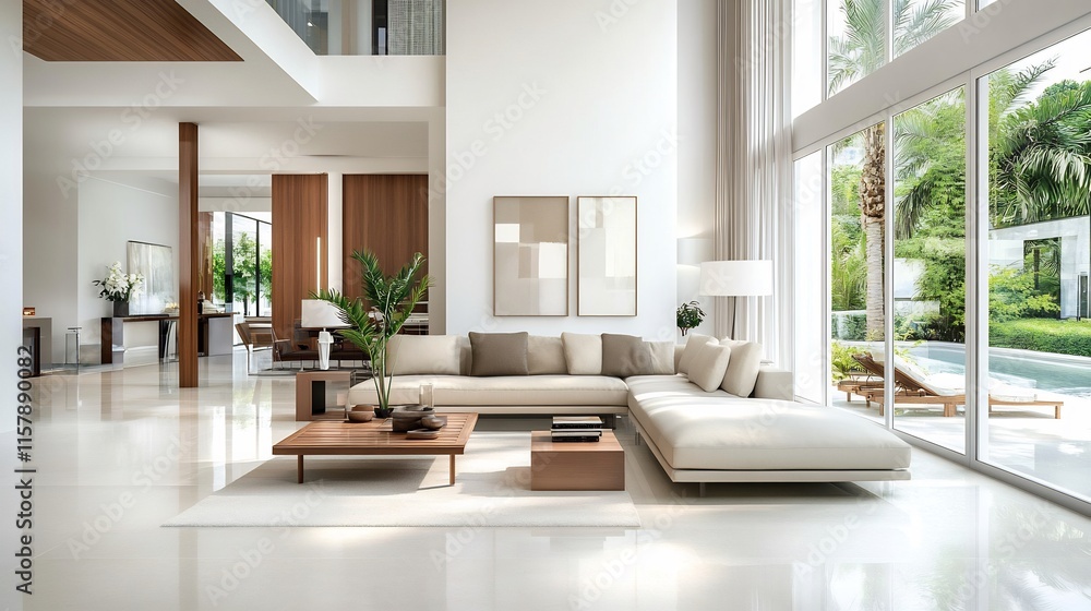 Fototapeta premium Modern Living Room Interior Design: Luxurious Wide Shot 3D Render. AI Generated