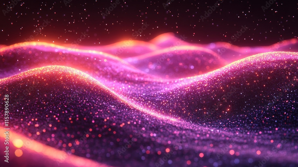 A vibrant, abstract landscape of glowing waves and sparkling particles. A vibrant, abstract landscape of glowing waves and sparkling particles.