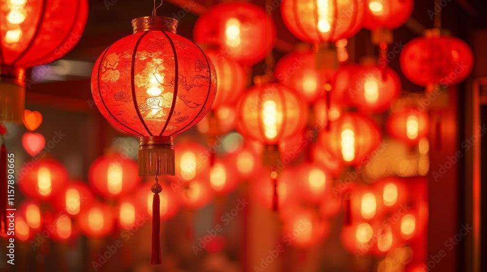 red and gold lanterns hanging gracefully against a festive backdrop red and gold lanterns hanging gracefully against a festive backdrop