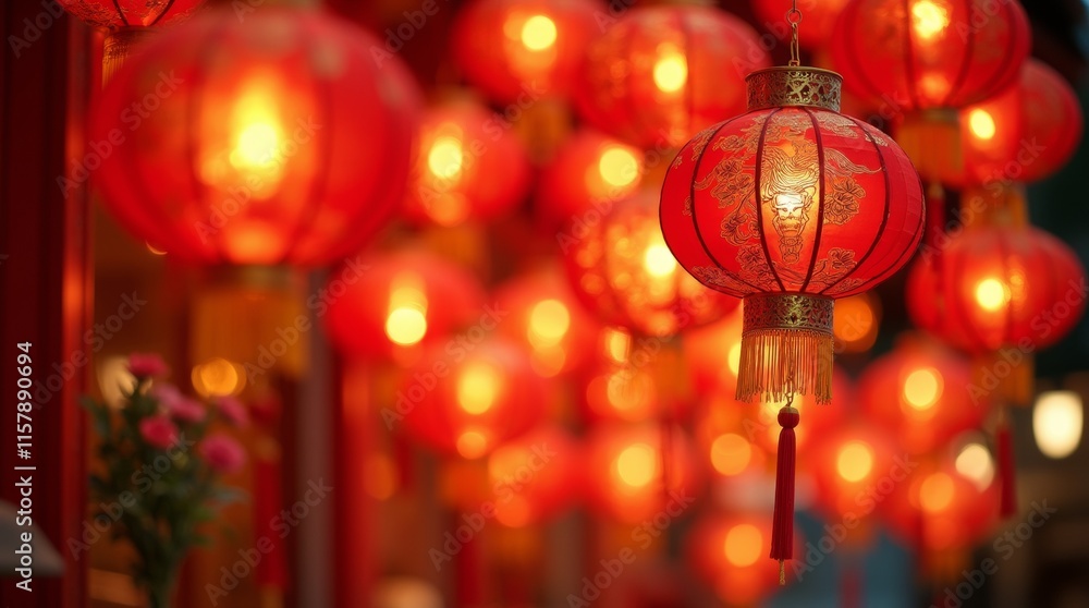 red and gold lanterns hanging gracefully against a festive backdrop red and gold lanterns hanging gracefully against a festive backdrop