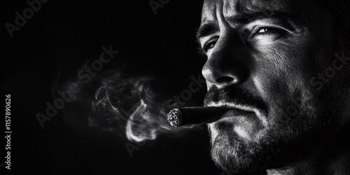Black and white portrait of a businessman smoking a cigar, exhaling a cloud of smoke, with dramatic lighting on a black background