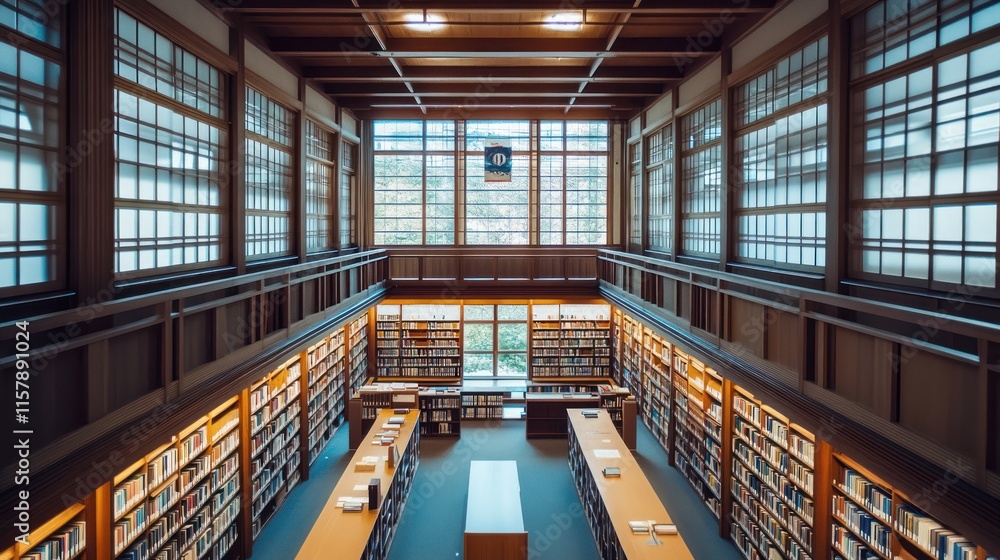 Obraz premium High-angle view of a serene library with tall bookshelves and large windows.