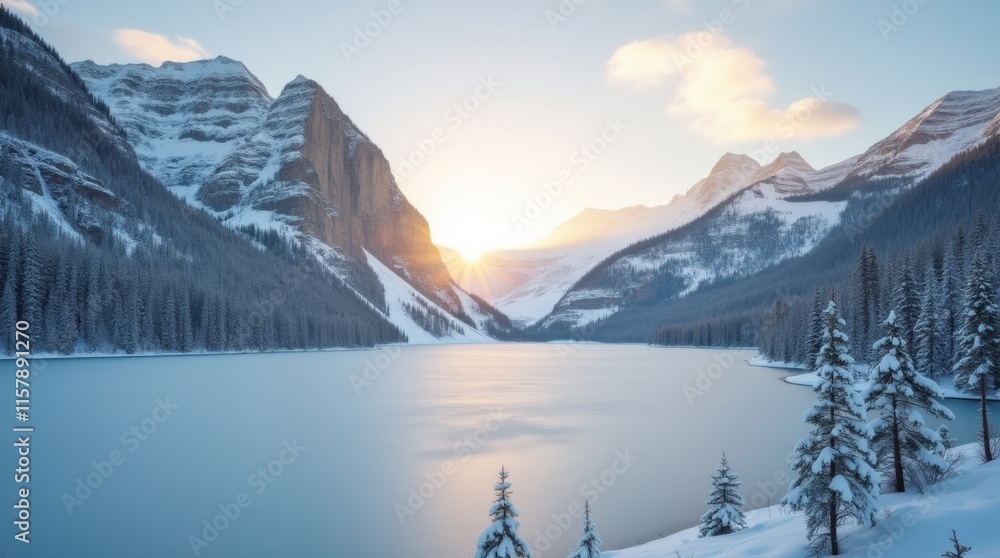 Obraz premium A peaceful winter scene with mountains, a frozen lake, and golden light from the early morning sun. The clear sky adds to the calm and awe-inspiring beauty of the landscape.