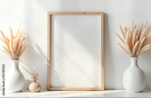 Empty light wooden frame on white wall. Dry pampas grass in vase. Stylish interior decor. Modern minimalist style. Ideal for artwork, photo, print display. Home decor. Natural elements. Contemporary