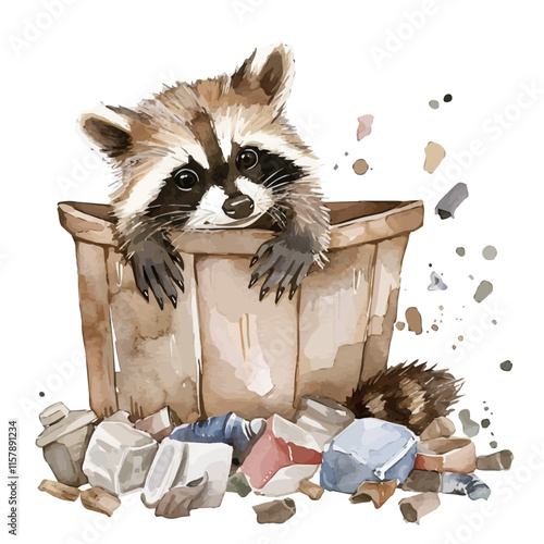 A watercolor drawing of a raccoon sneaking through trash, isolated on a white background. Raccoon vector.
