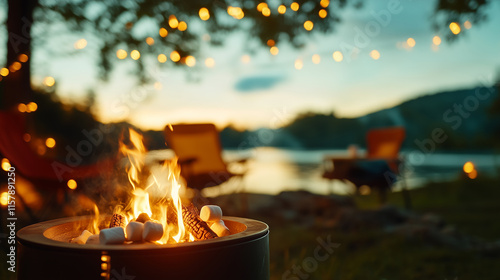 Fototapeta Naklejka Na Ścianę i Meble -  Friends enjoy a cozy evening by the campfire near the lake under twinkling lights