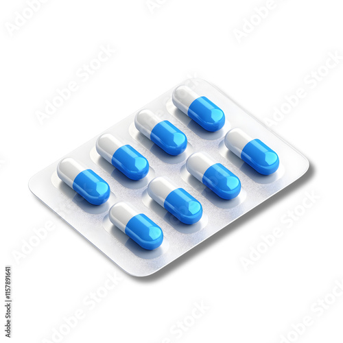 Blister pack of blue and white capsules on black background