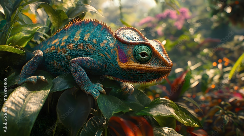 Iridescent Chameleon in a Lush Jungle Iridescent Chameleon in a Lush Jungle