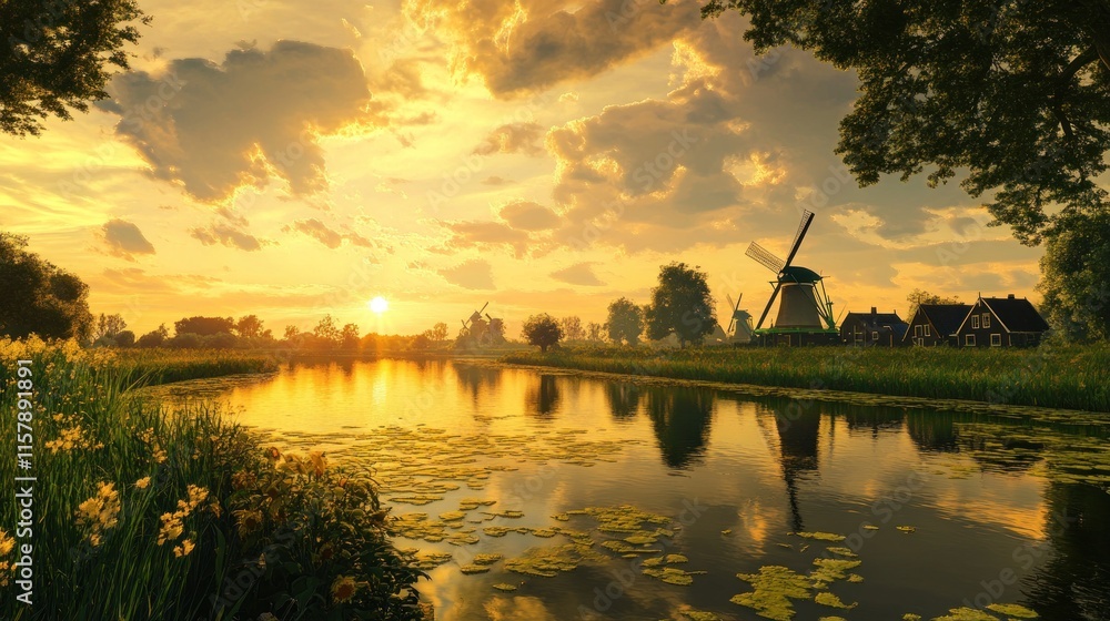 Scenic sunset over canal with windmills and flowers. Scenic sunset over canal with windmills and flowers.