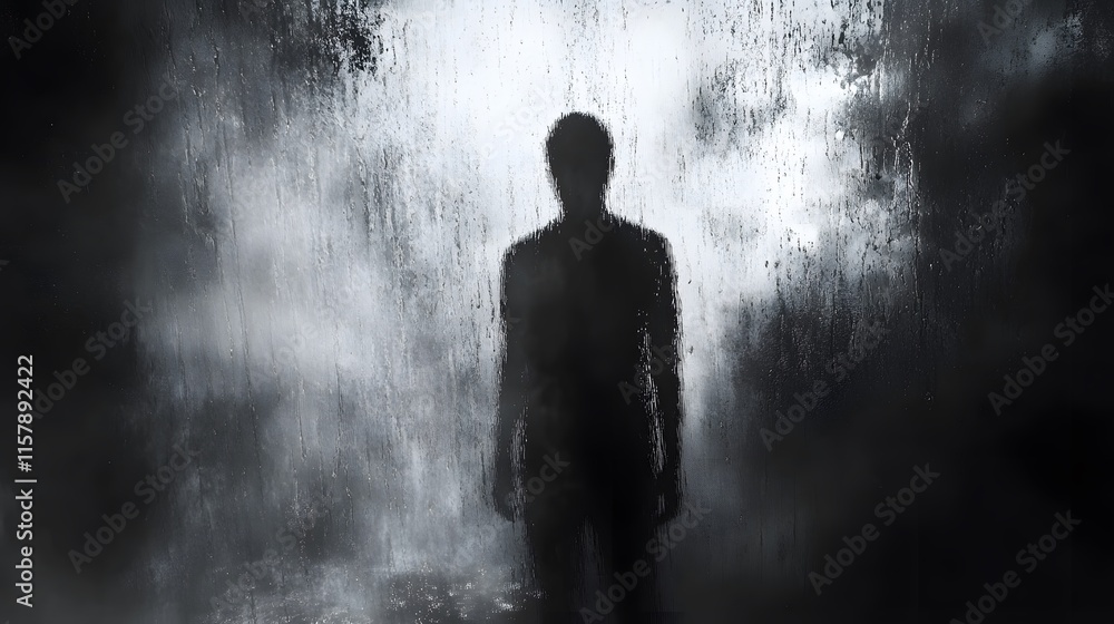 Silhouette of a Person Behind a Fogged Window on a Rainy Day Silhouette of a Person Behind a Fogged Window on a Rainy Day