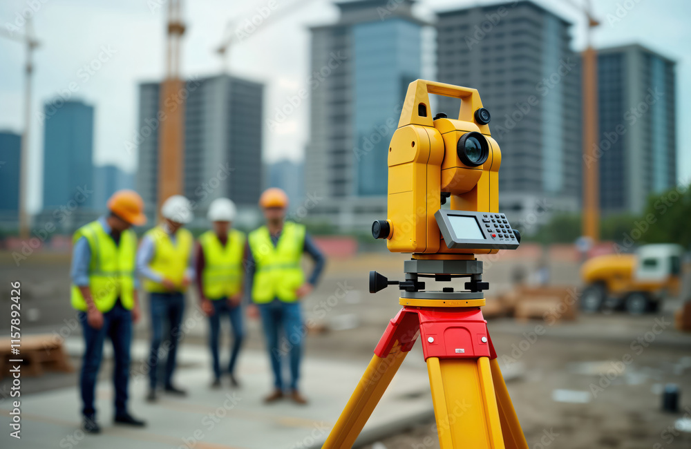 Survey engineers use theodolite on construction site. Team works with measuring instrument. Modern tech tools used for site measurements. Construction of commercial building. Engineers check accuracy Survey engineers use theodolite on construction site. Team works with measuring instrument. Modern tech tools used for site measurements. Construction of commercial building. Engineers check accuracy