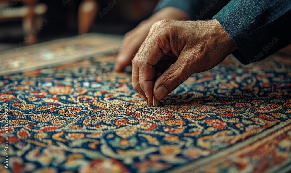 Intricate mosaic tile work on a Persian prayer mat, focus on a craftsman's hand placing delicate pieces. Intricate mosaic tile work on a Persian prayer mat, focus on a craftsman's hand placing delicate pieces.