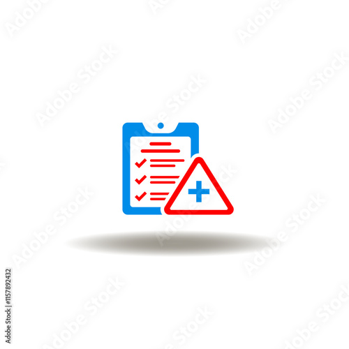 Vector illustration of checklist and attention health care sign with pharmacy medicine cross. Symbol of emergency plan. Icon of ambulance, patient disease medical exam.