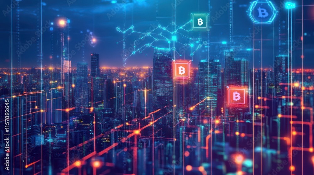 Fototapeta premium Futuristic cityscape with Bitcoin cryptocurrency network overlay.