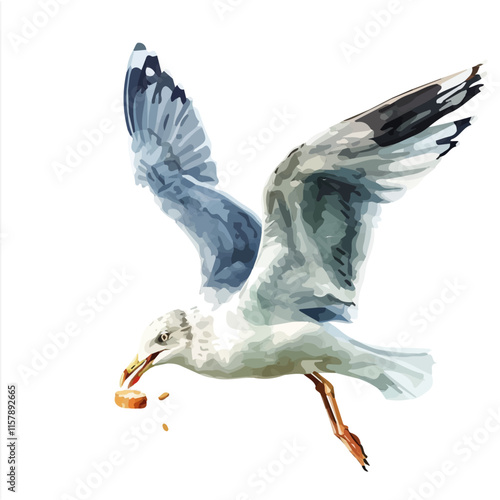 A watercolor illustration of a seagull catching crumbs, isolated on a white background. Seagull vector.
