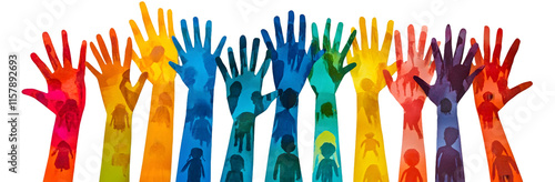 Colorful Representation of Diversity and Unity through Hands Raised in Celebration and Community Engagement