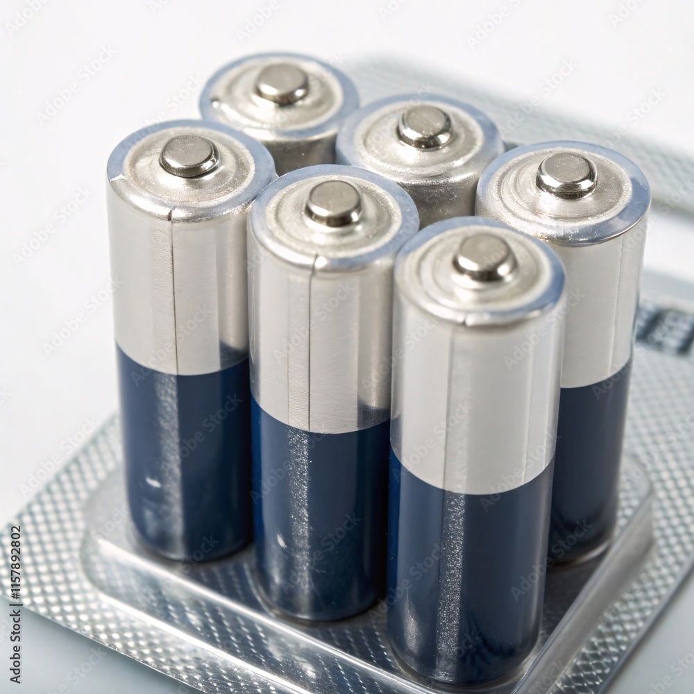 3D image of four AA alkaline batteries in paper blister, isolated closeup 3D image of four AA alkaline batteries in paper blister, isolated closeup