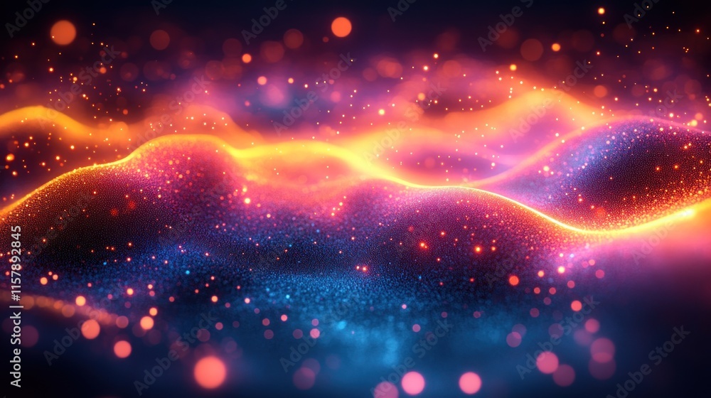 A vibrant, abstract representation of flowing waves with glowing particles and colors. A vibrant, abstract representation of flowing waves with glowing particles and colors.