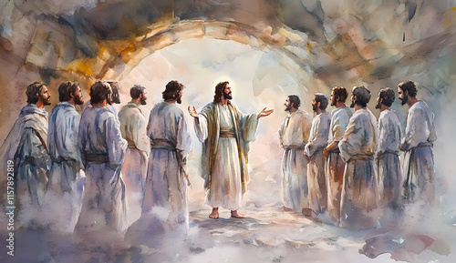 Jesus teaching in an archway surrounded by attentive listeners.