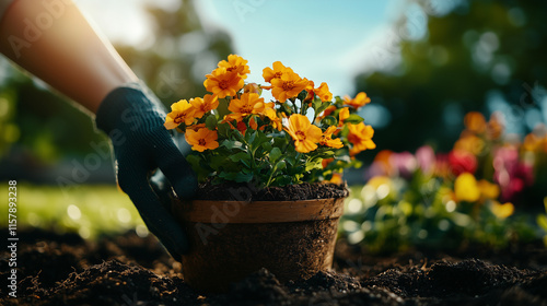 Planting vibrant flowers in a sunny backyard garden during spring afternoon photo