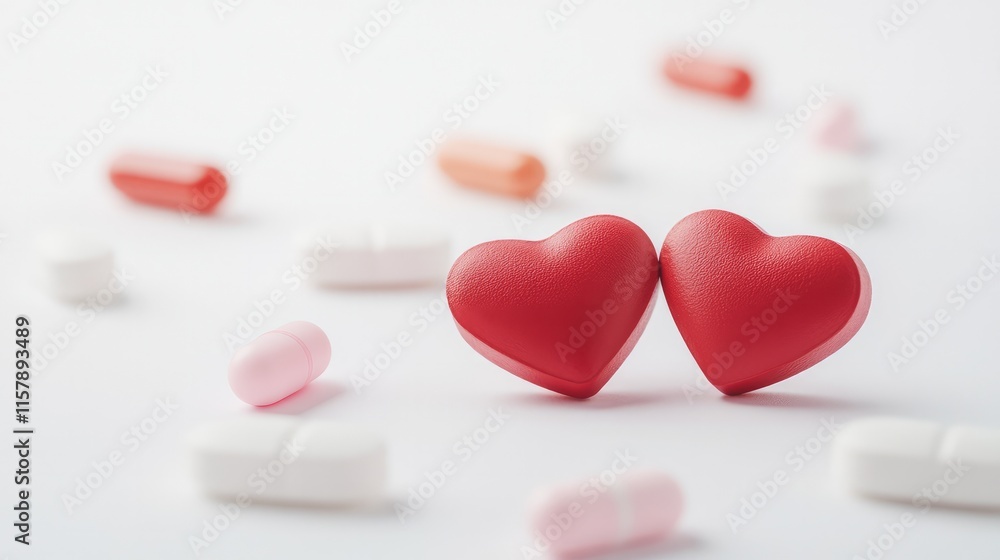 Fototapeta premium Two Red Heart-Shaped Pills on a Bright Background, Symbolizing Care, Love, and Psychological Healing.